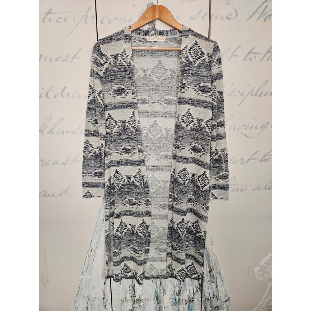 Pink Republic Womens Grey White Aztec‎ Open Front Duster Cardigan Large